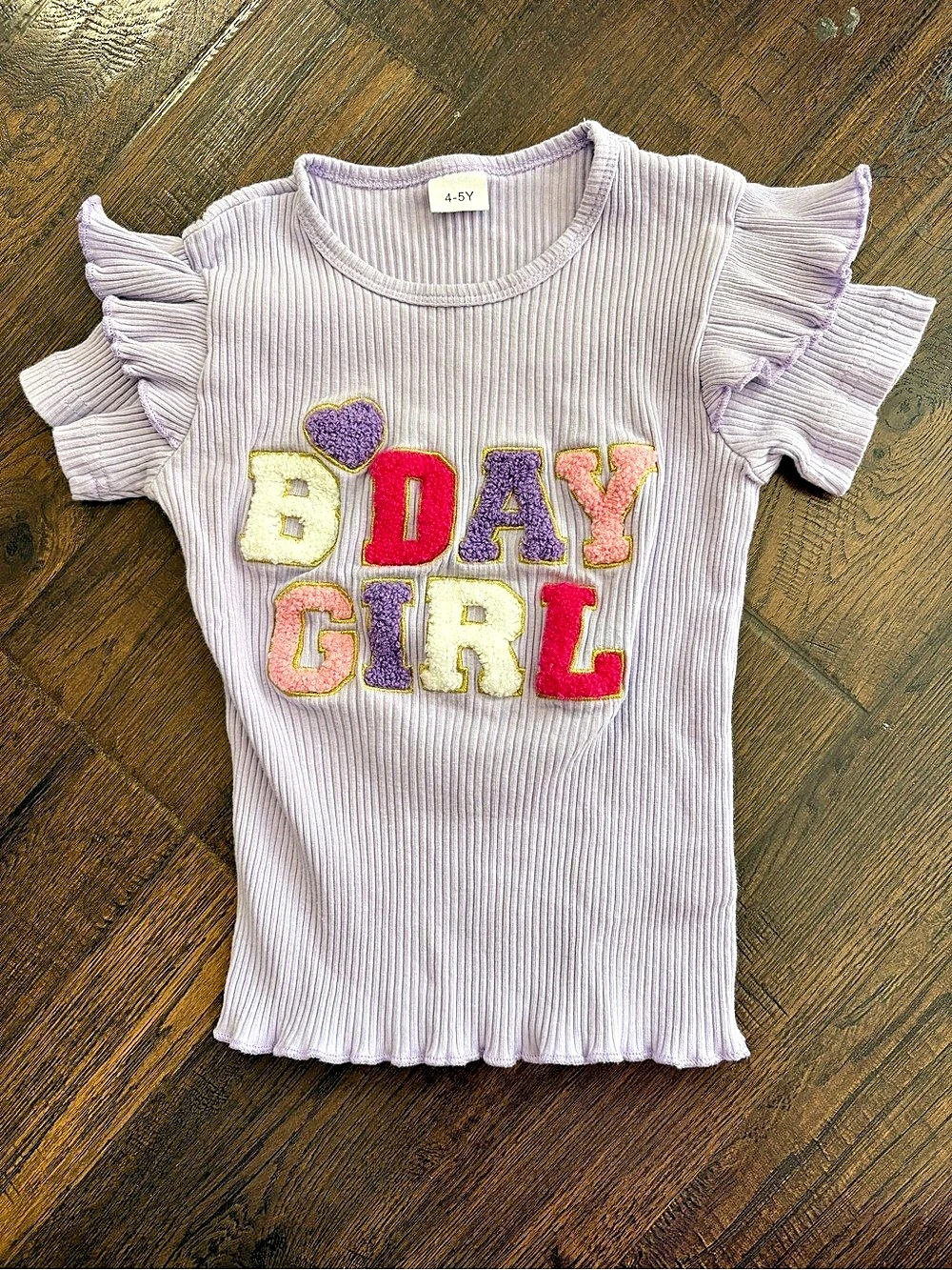 “Bday Girl” Ruffle Sleeve Tee in Purple & Pink Size 4-5
